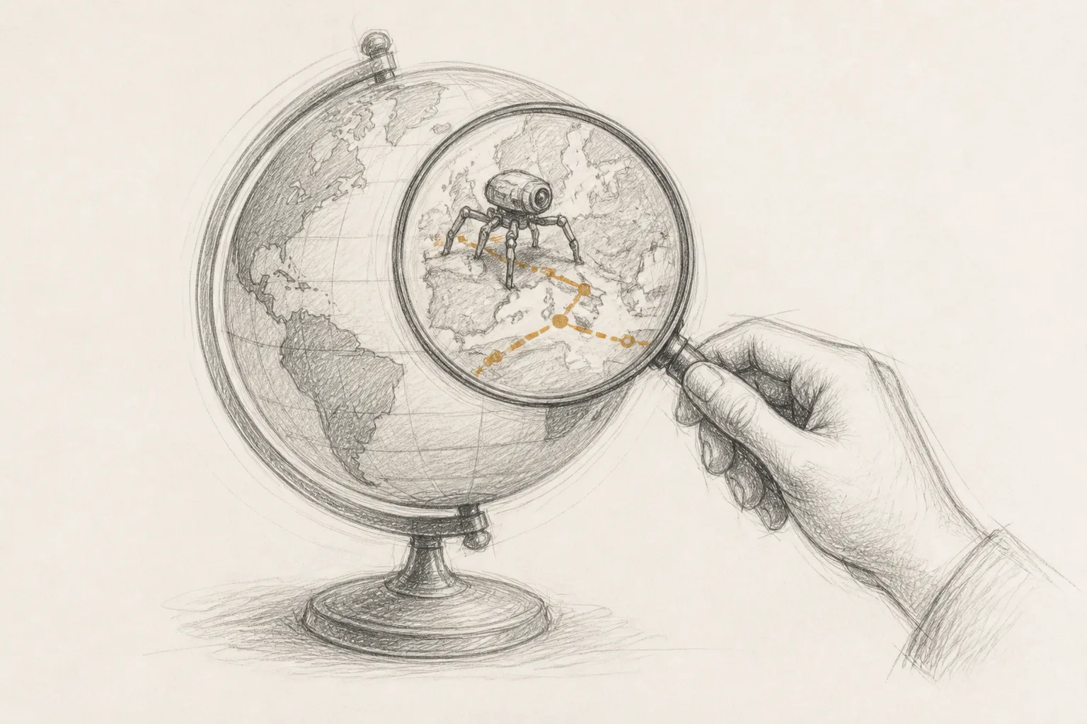 Hand-drawn pencil sketch of a hand holding a magnifying glass over a globe; under the glass a small robot crawler walks across a map's terrain, its path highlighted in warm ochre.