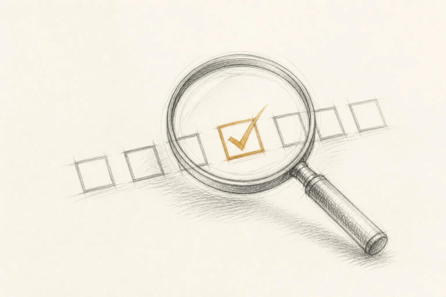 Hand-drawn pencil sketch of a magnifying glass over a row of checkboxes; one checkbox is highlighted in warm ochre, the rest are plain graphite.