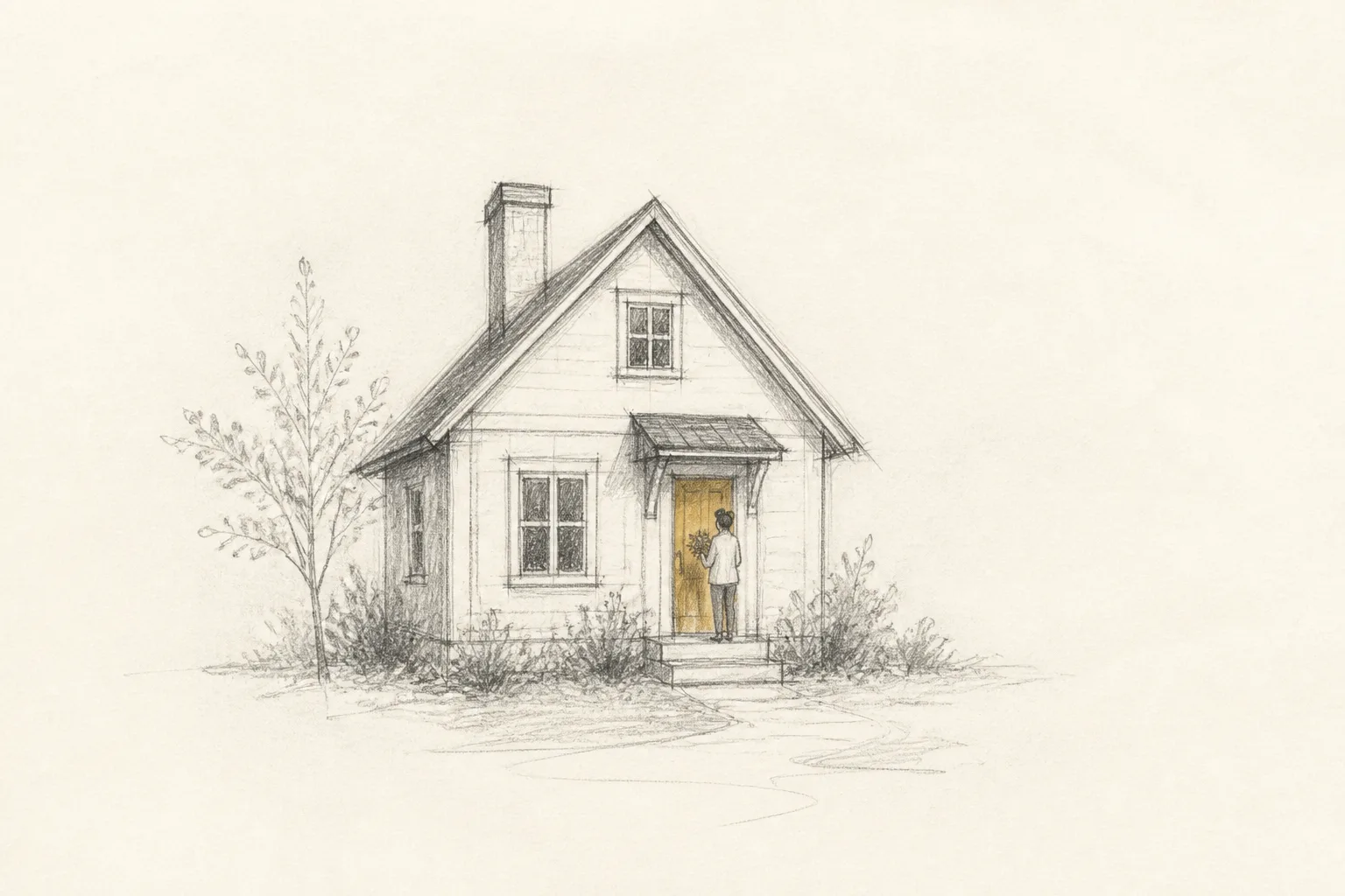 Hand-drawn pencil sketch of a small house with a figure at the front door holding a clipboard, surveying the property.