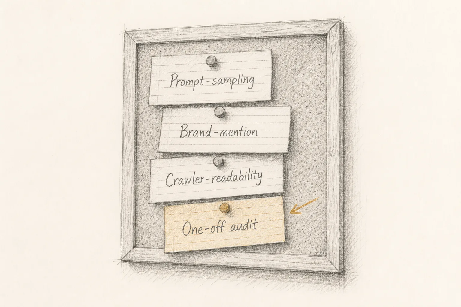 Four labeled notecards pinned to a corkboard representing the four categories of AI visibility tools, one card highlighted in warm ochre.