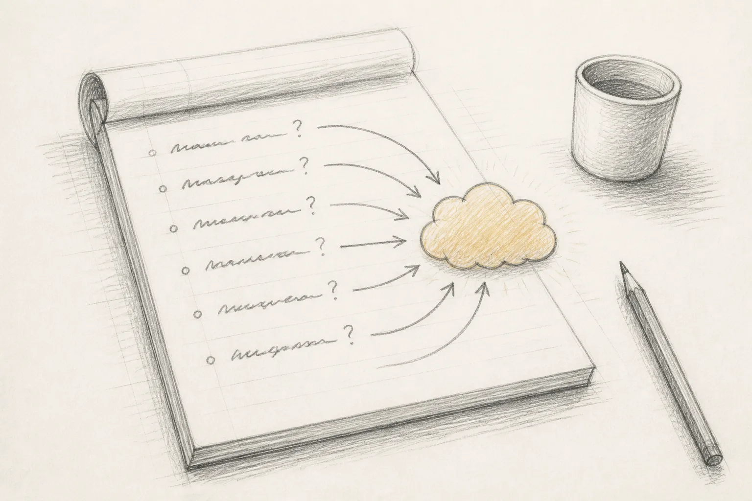 A notepad with a handwritten list of questions connected by arrows to a cloud shape representing an answer engine.