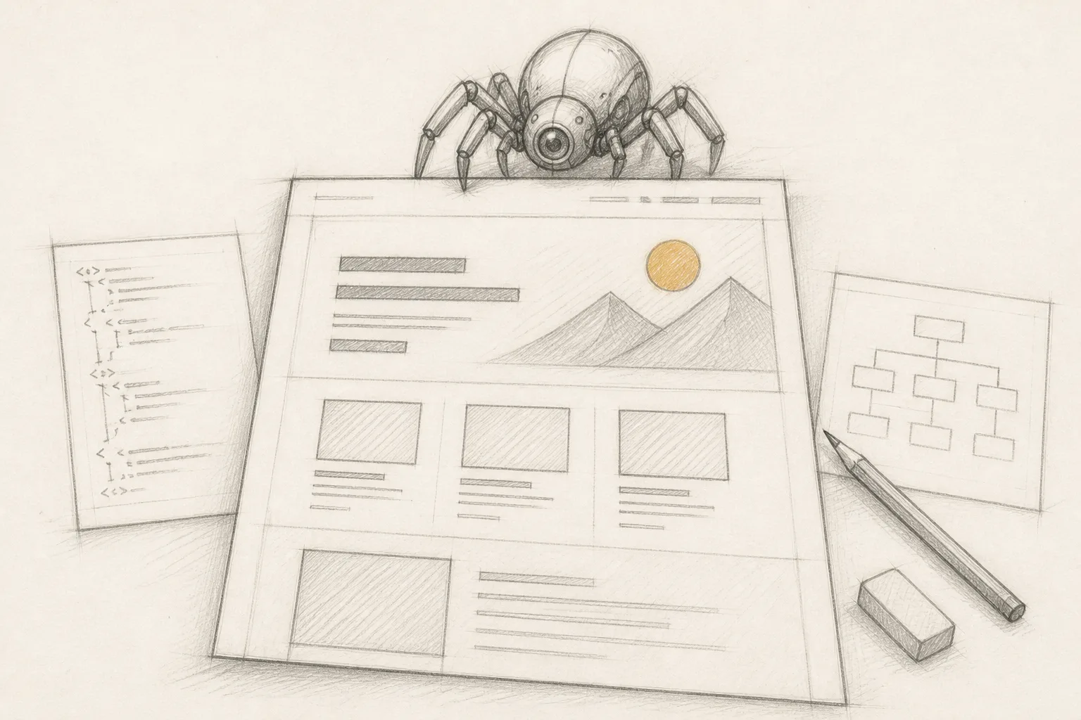 A simplified webpage layout on a desk with a small crawler silhouette nearby, showing headings and structure.