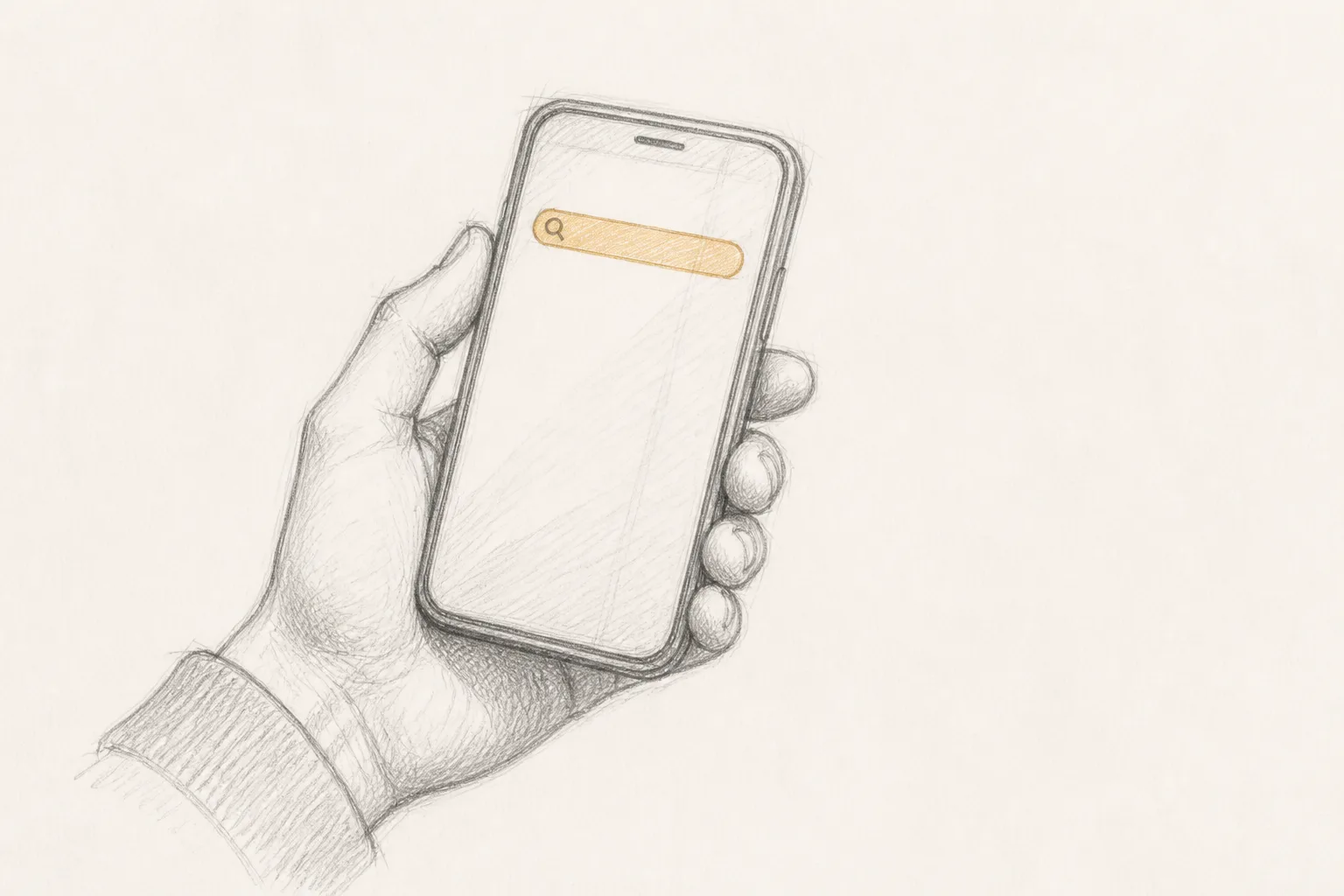 A hand holding a smartphone showing a Google search with no results for the query.