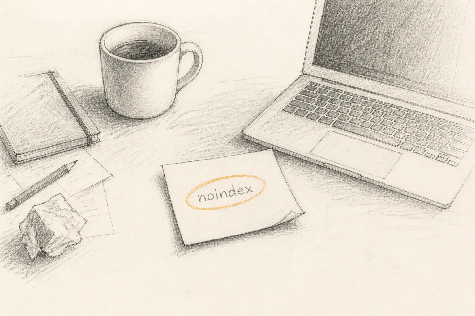 A sticky note with "noindex" circled in pencil on a desk.