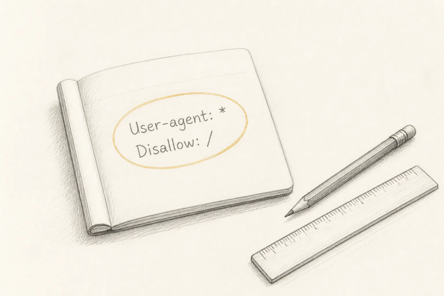 An open robots.txt file with "User-agent: *" and "Disallow: /" written on it.