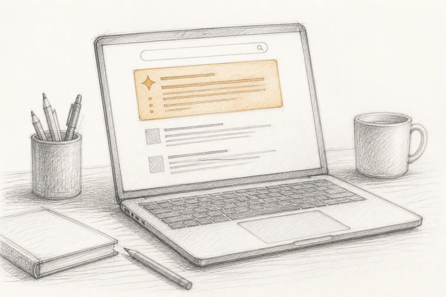 An open laptop on a desk showing an AI answer block at the top of a search results page, graphite lines, ochre accent.
