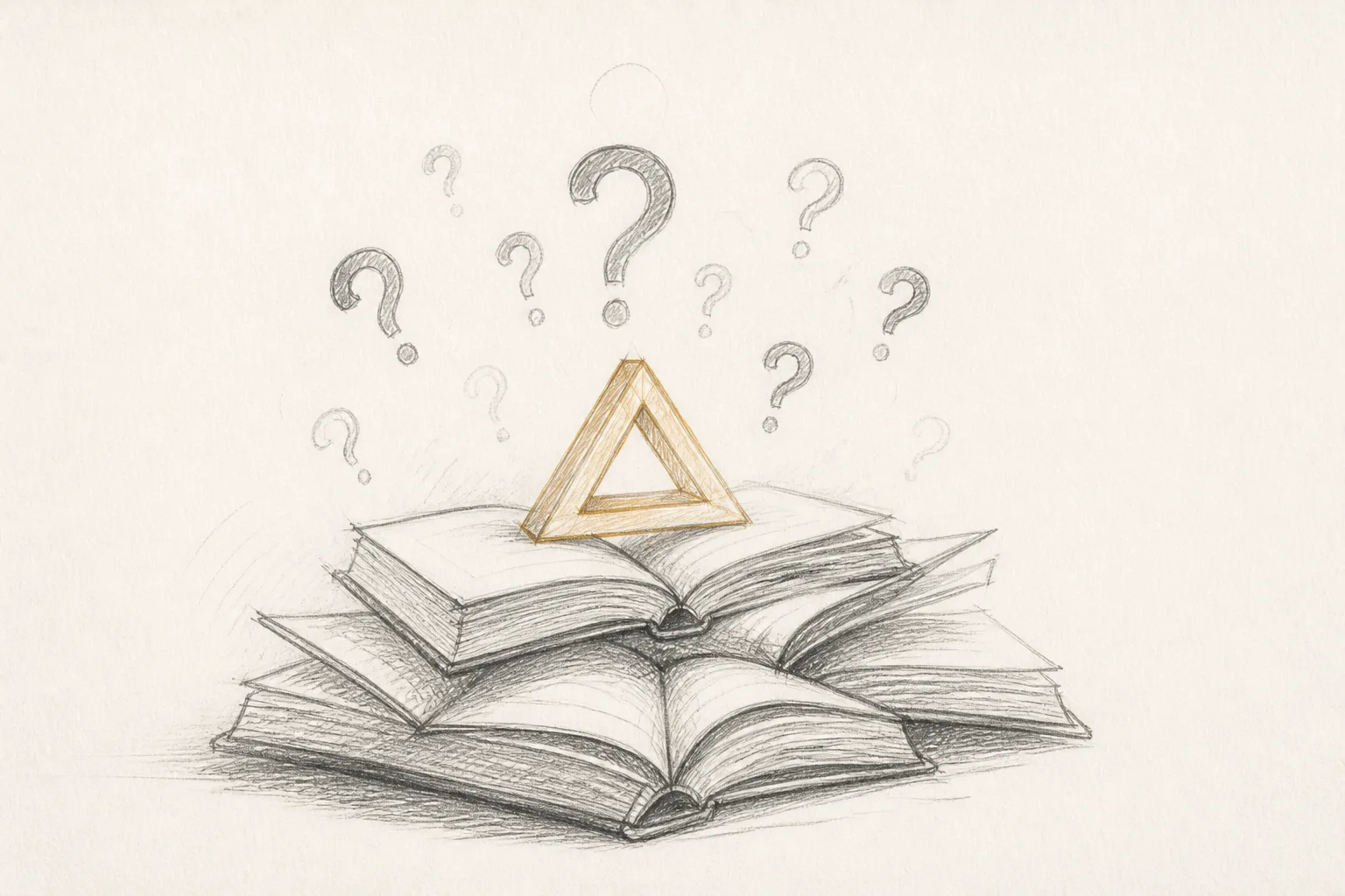 A sketch of a product symbol on top of books with question marks above, highlighted by ochre linework