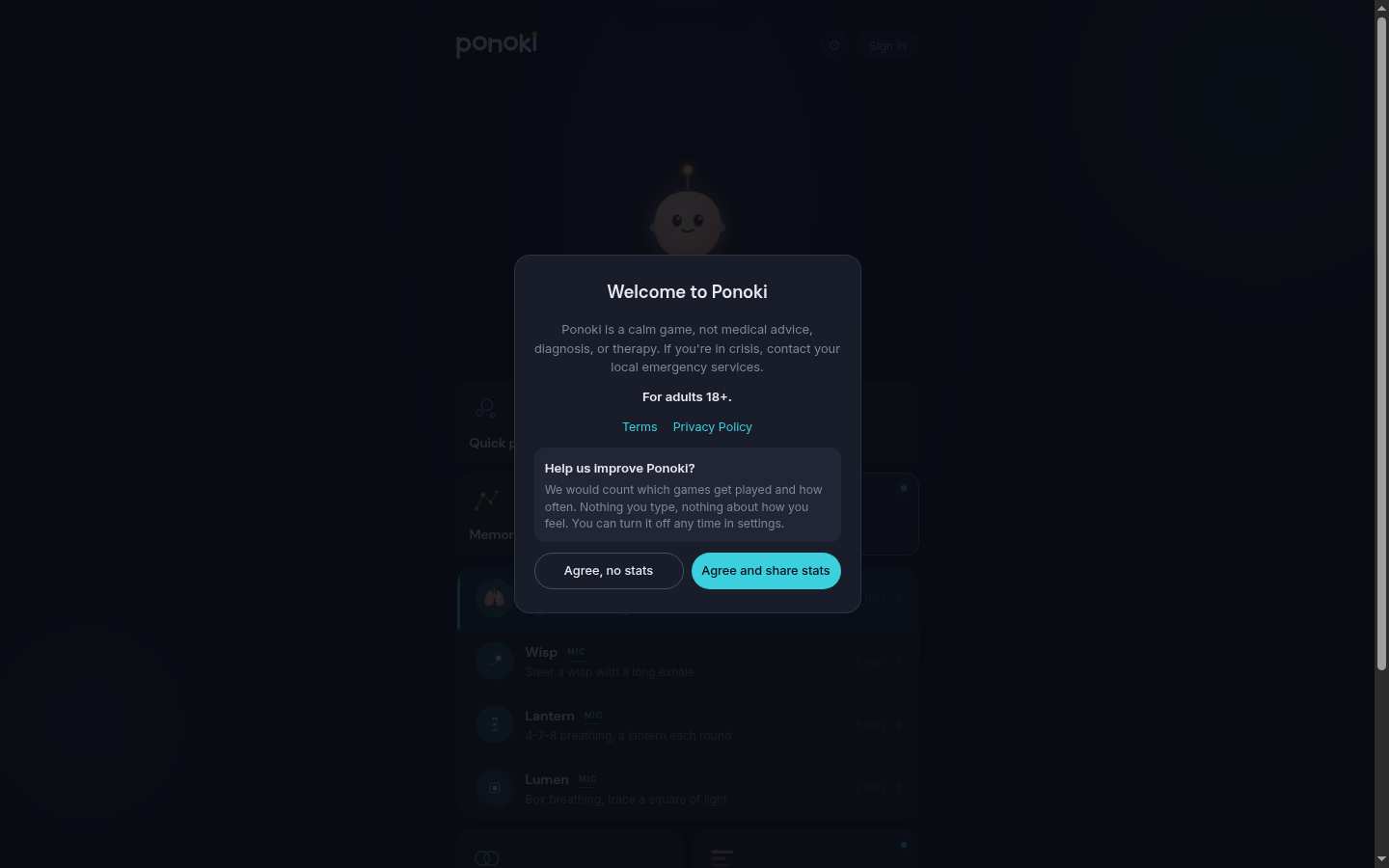 Ponoki: Consent / blocking overlay
